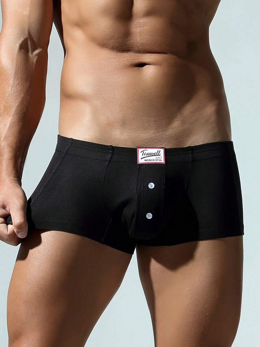 Men's One-Piece, Plain-Colored Stretch Briefs With Decorative Button And Four-Way Stretch - Black - View 1