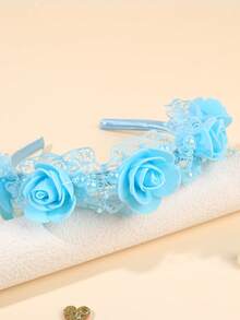 1pc Blue Lace Headband For Girls Flower Hairband Faux Pearl Hair Hoop Elegant Headwear Wedding Party Vacation Gift Headdress Teens Hair Accessories - Blue - View 8