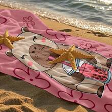 1pc Cartoon Capybara Holding Bubble Tea Beach Towel, Beach Towel, Perfect For Swimming, Fitness, Yoga, Travel, Camping, Use, Beach Accessories, Poolside Accessories - Pink - View 7