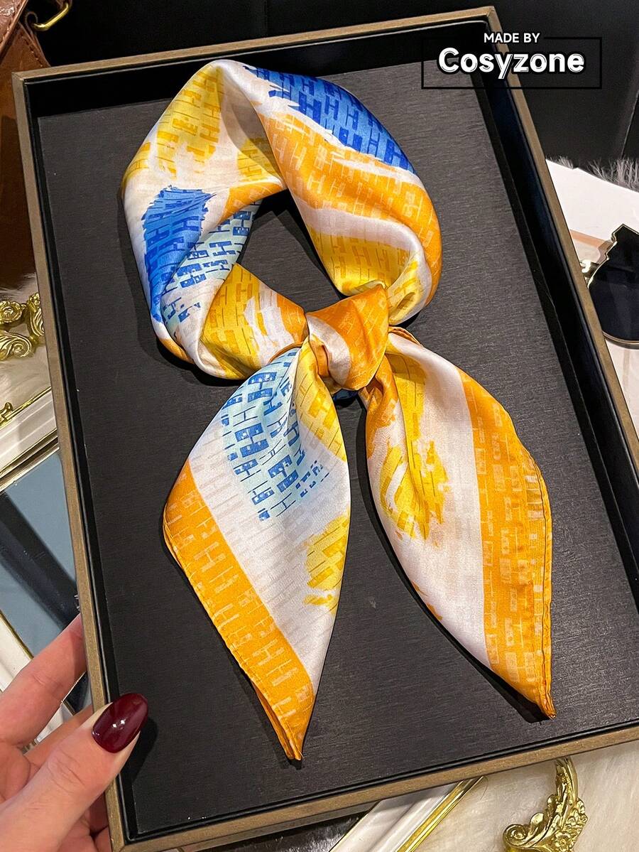 1件仿絲極簡主義不對稱色塊拼接印花70cm正方形方巾 春/夏新款女用多功能腰帶包裝飾緞帶頭巾頭飾圍巾時尚裝飾絲巾 - 黃色 - 查看 1