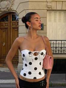 Sexy Polka Dot Fitted Hollow Out Lace-Up Camisole Summer - Black and White - View 3