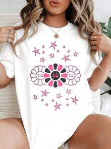 Elegant Everyday Outfits: Women's Casual Cotton T-Shirt With Pink Star And Twin Flower Print Symbolizing Joy And Positive Energy - 白色 - 查看 1