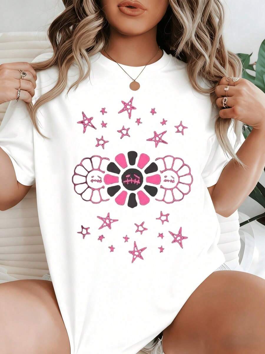 Elegant Everyday Outfits: Women's Casual Cotton T-Shirt With Pink Star And Twin Flower Print Symbolizing Joy And Positive Energy - 白色 - 查看 1