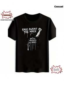 Camiseta Gráfica Vintage de Banda de Rock para Hombre| Camiseta con estampado del concierto de "Rage Against The Macho" en Los Ángeles, fondo oscuro con texto blanco, una camiseta casual de - Negro - Ver 1
