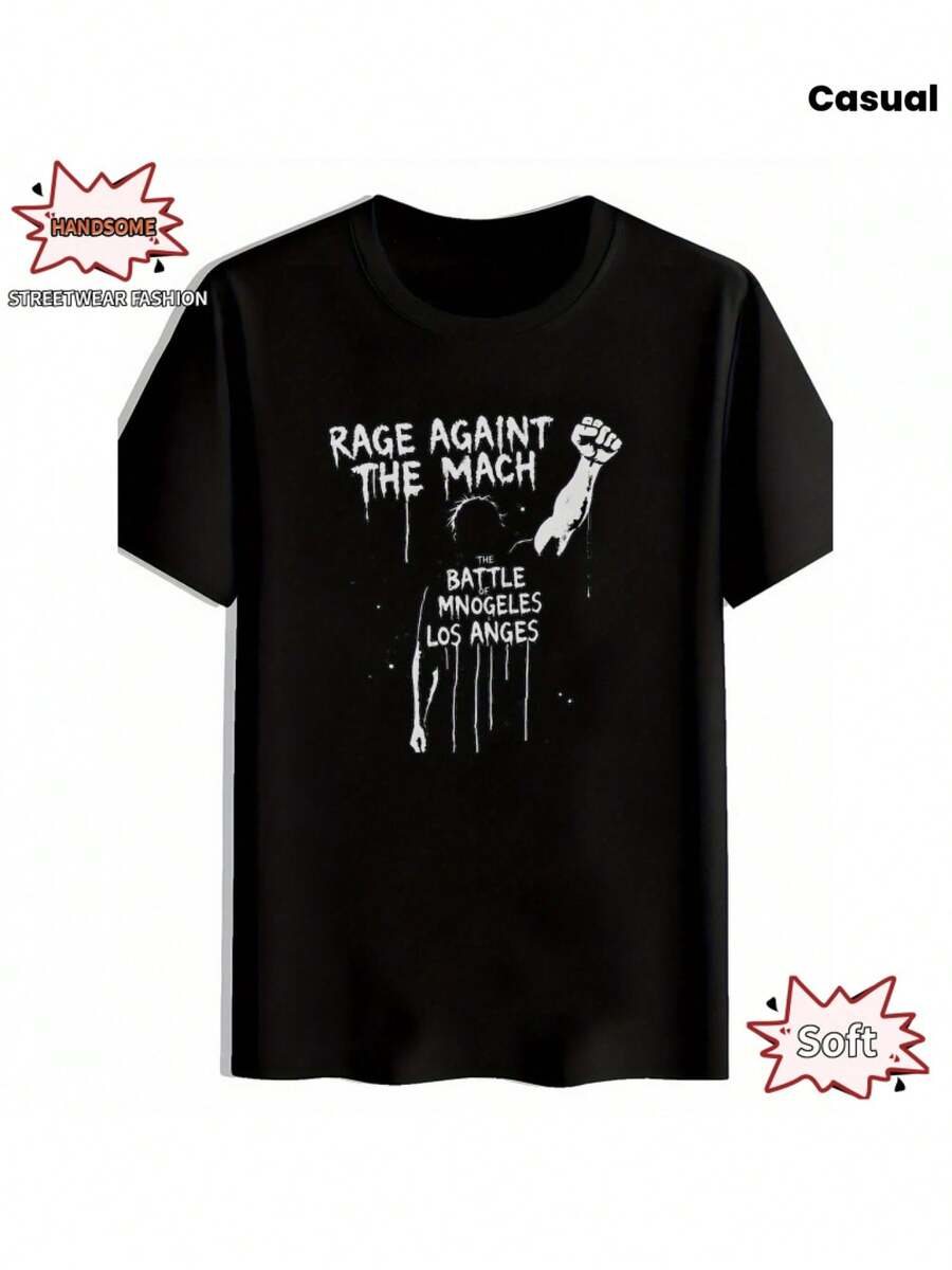 Camiseta Gráfica Vintage de Banda de Rock para Hombre| Camiseta con estampado del concierto de "Rage Against The Macho" en Los Ángeles, fondo oscuro con texto blanco, una camiseta casual de - Negro - Ver 1