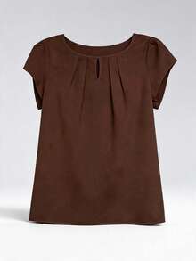1pc Elegant Short Sleeve Solid Color Woven Fabric Pleated Decor Women Top, Suitable For Vacation, School, Date, Spring/Summer - Coffee Brown - View 3
