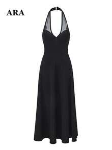 ARA CHIC Women's Black Mesh Patchwork Halter Neck Backless Dress, Fitted Bust Flared Midi Dress, Suitable For Night Out And Party Wear - Black - View 7
