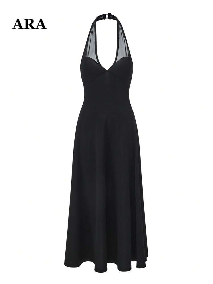 Gaun Tanpa Lengan Model Halter Neck dengan Patchwork Jala Hitam untuk Wanita dari ARA CHIC, Gaun Midi Berpotongan Pas di Dada dan Mengembang, Cocok untuk Acara Malam dan Pesta. - View 7