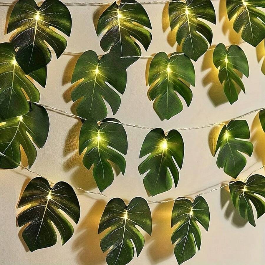 電池供電（不含電池）LED 龜背葉燈串，綠葉，適用於花園、陽台、婚禮、季節性裝飾、家居裝飾、庭院、戶外、牆壁、圍欄等