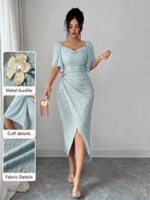 yonghongmaoyi1  Vestido elegante ajustado con cuello de volantes, mangas de pétalos y hebilla metálica de bloque de color para mujer, primaver - Verde - Ver 1