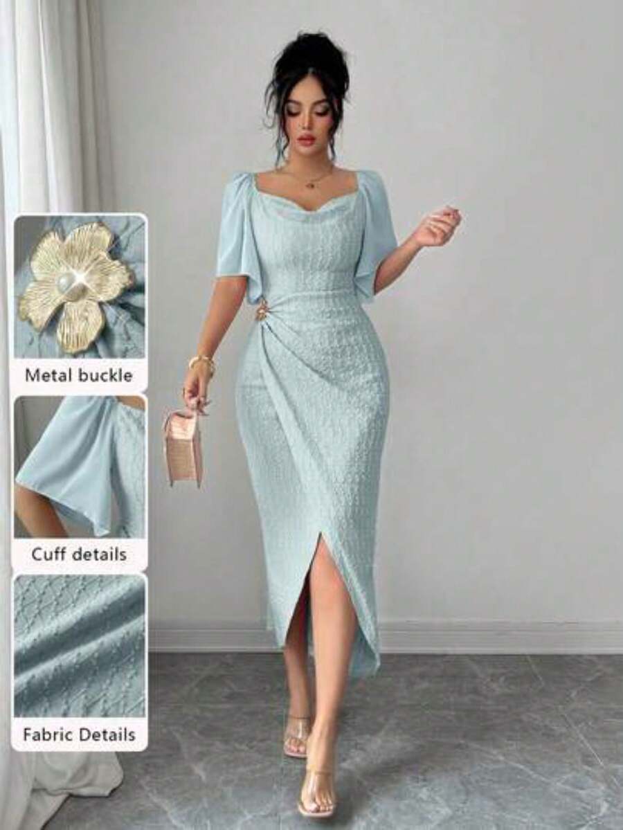 yonghongmaoyi1 Vestido elegante ajustado con cuello de volantes, mangas de pétalos y hebilla metálica de bloque de color para mujer, primaver - Verde - Ver 1