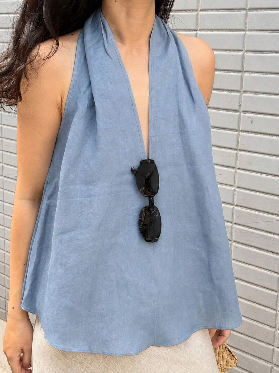 純色掛脖深V領設計腰部綁帶無袖女款背心上衣 - 霧霾藍 - 查看 1