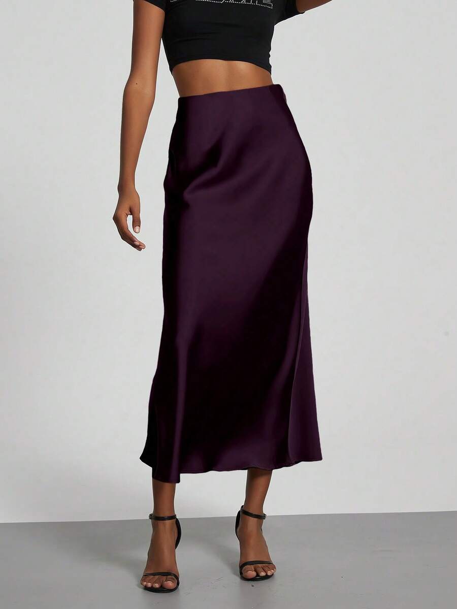 Fashionable Stretchy Textured Satin Maxi Skirt For Women - Spring Red - Purple - View 1