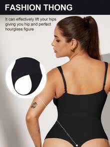 1pc Plus Size Women's Seamless Tummy Control Shapewear, 2 Ways To Wear, Detachable Straps, One-Piece Thong Bikini Style, Strapless Bandeau Bodysuit - Black - View 5
