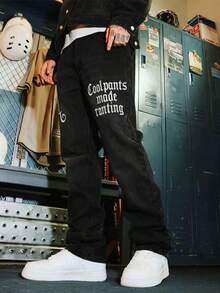 Casual Loose Straight Wide-Leg Jeans With Distressed Embroidery, Street Style - Black - View 2