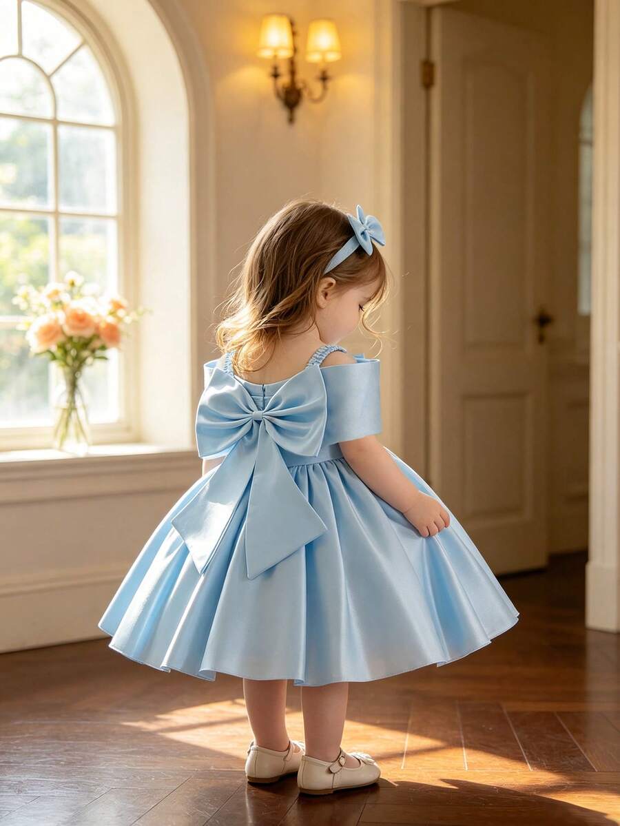 Baby Girl Solid Color Pleated Strap Dress Suitable For Birthday, Party, Outing, Banquet, Wedding Flower Girl, Holiday Celebration - Baby Blue - View 1