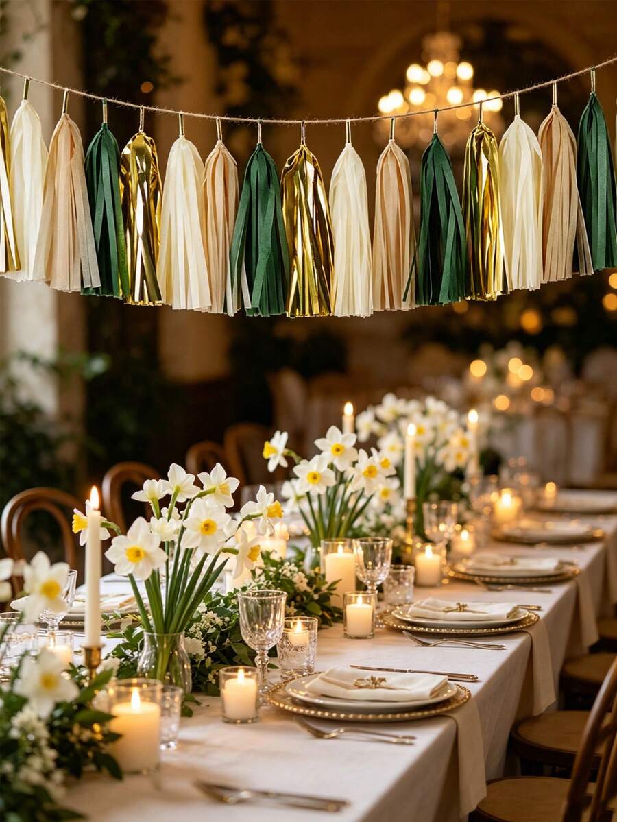 1pc Sage Green & Gold Tassel Garland Tulle Tassel Banner Set, Teal Tassel Garland, Teal & Gold Birthday Party Decor, Suitable For Wedding And Party Birthday Supplies - K - View 1