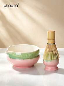 choxila 1Set/2Pcs Pink & Green Gradient Ceramic Matcha Bowl Set With Whisk Holder, Japanese Chawan With Spout For Matcha Tea Ceremony - Matcha Two-piece Set - View 3