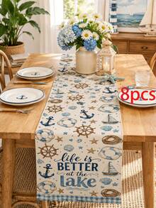1pc Anchor Sailboat Rudder Pattern Table Runner, Ocean Style, Summer Home Kitchen Decor Table Runner, Table Runner Placemat Pillow Set, Suitable For Summer Home Kitchen Decor And Party Decoration - Multicolor - View 13