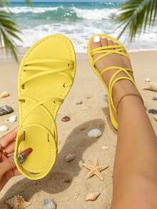Teenager New Minimalist Flat Sandals Beach Shoes Casual Versatile Style Vacation Travel Beige Flat Sandals Black Flat Sandals White Flat Sandals Brown Flat Sandals - Yellow - View 1