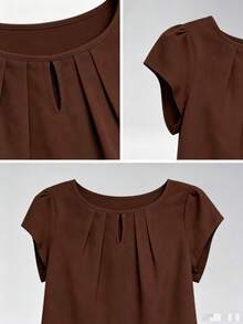 1pc Elegant Short Sleeve Solid Color Woven Fabric Pleated Decor Women Top, Suitable For Vacation, School, Date, Spring/Summer - Coffee Brown - View 4