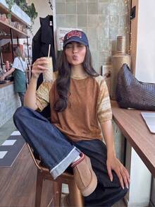 Women's Solid Color Washed Snowflake Craft Patchwork Raglan Sleeve Summer Set, Independence Day Outfit Casual - Brown - View 11