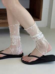 1 Pair Women's Lace Jacquard Stirrup Socks, Breathable Vintage Leg Warmers - Multicolor - View 9