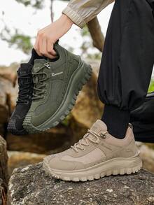Solid Color Outdoor Lace-Up Hiking Shoes, All-Season Versatile Retro Round Toe Plus Size Street Style Thick Sole Work Boots For Men - Khaki - View 8