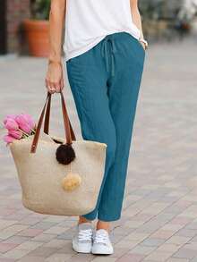 Jisfaneya Women's Solid Color Drawstring Casual Straight Leg Pants With Pockets - Lake Blue - View 2