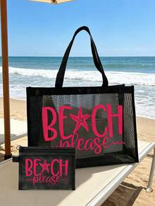 網格托特包套組，彩色「Please Beach」字樣與海星設計，網格化妝包，海灘手提包，休閒度假包，可折疊大容量游泳包，夏季必備，適合學校、度假、開學使用，送給朋友和老師的理想禮物 - 彩色 - 查看 7