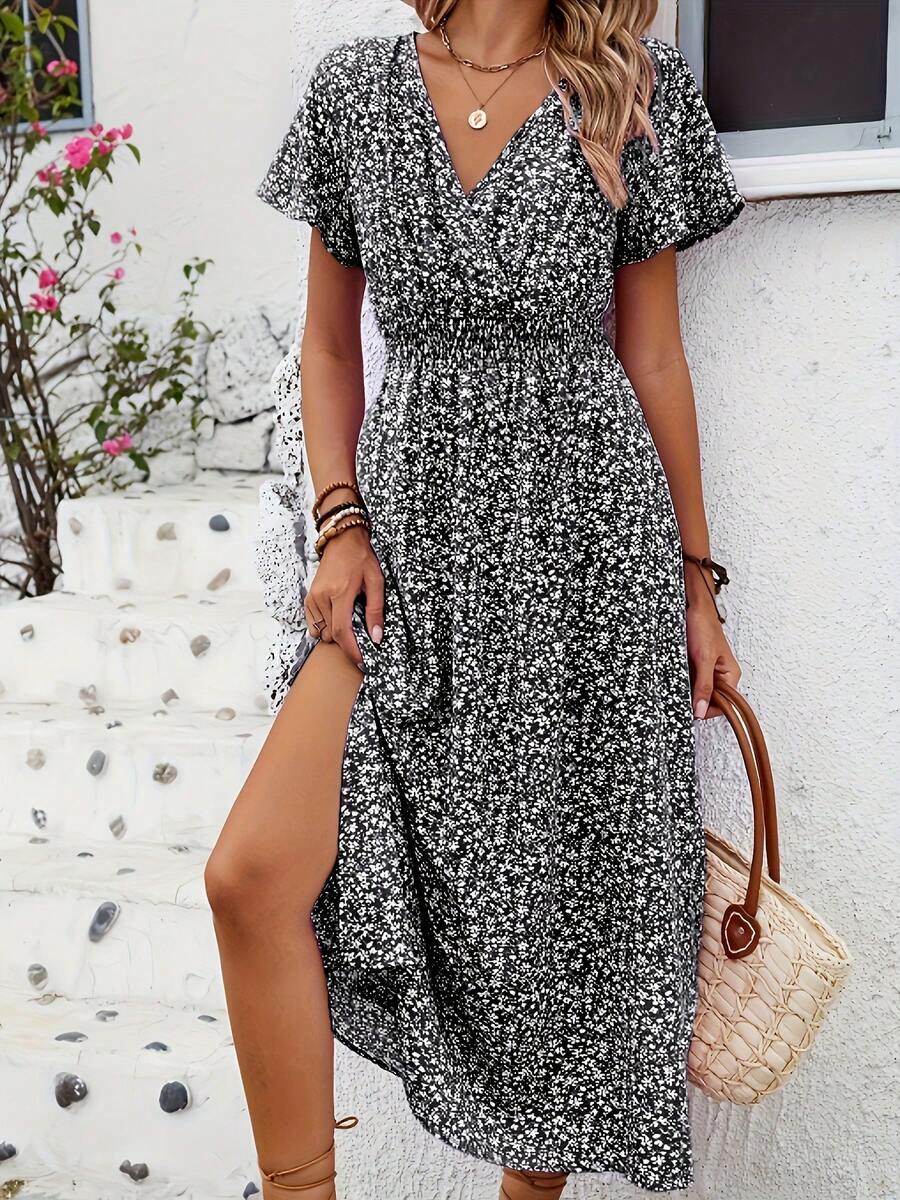 Floral Dress With Butterfly Sleeves And Leg Slit - Black - View 1