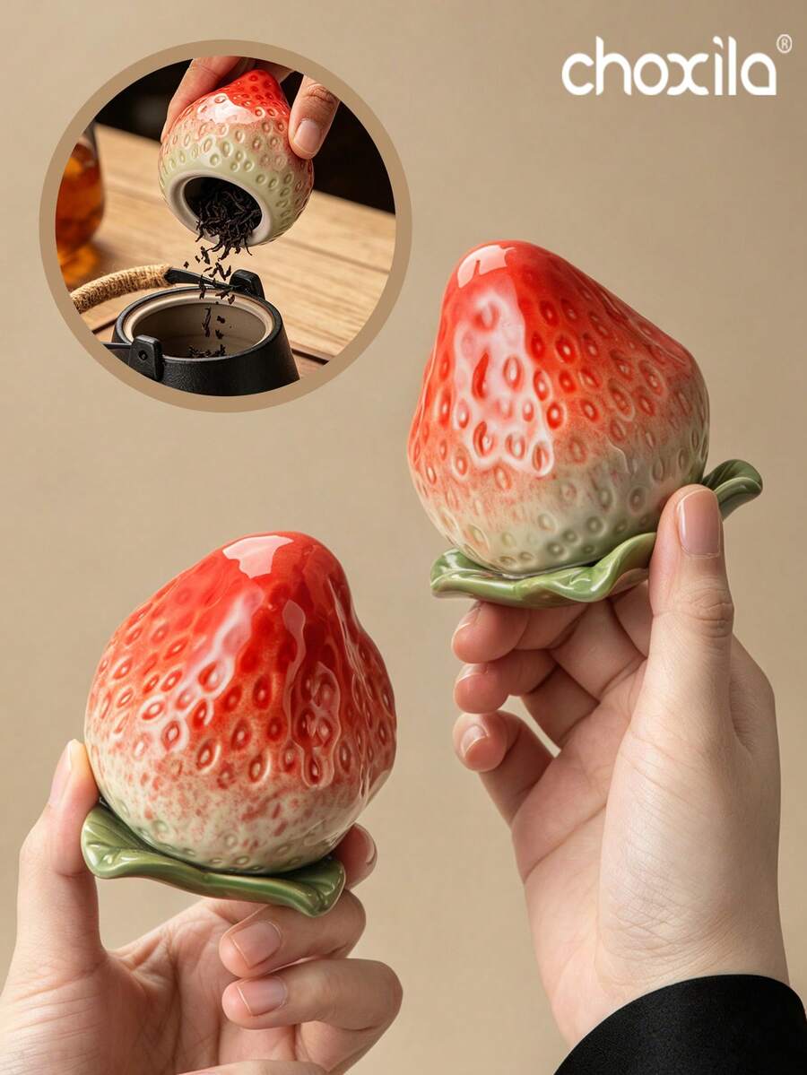 choxila 1個草莓圖案密封陶瓷罐附蓋，適用於存放茶葉、糖果及其他食品 - 紅色 - 查看 1