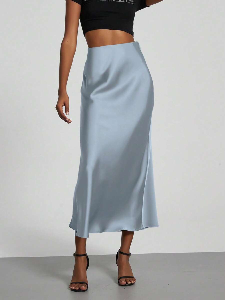 Falda maxi de satén con textura elástica de moda para mujer - Rojo Primavera - Nube azul - Ver 1