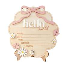 1件裝木製「Hello World」公告板附粉色蝴蝶結，雲朵形花卉日期時間重量長度板，適合房間攝影道具 - 1PC - 查看 6