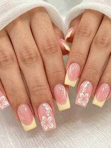 Show Your Beauty 24片夏季中式優雅涼爽奶油黃條紋法式白花波點線條裸粉色亮面亮澤美白假指甲 時尚百搭穿戴式指甲 適合約會派對 春夏秋冬女性與女孩日常配戴 可拆卸穿戴式指甲組含果凍膠與指甲銼條 易穿戴耐用 果凍膠隨機發貨 - 黃色 - 查看 5