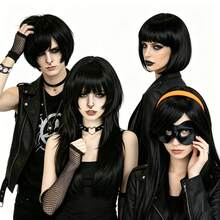 中性哥德風 Emo 黑色化纖假髮，短波波頭與分層長直髮，龐克搖滾 Cosplay 日常派對造型假髮，適合男女使用，適用於節日、展演、演唱會主題活動舞台道具、萬聖節 - 黑色 - 查看 3