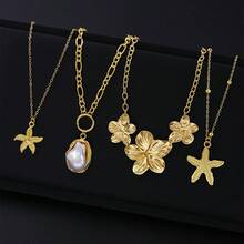 1pc Fashion Versatile Luxury Starfish Flower Faux Pearl Pendant Necklace 4pcs Set Niche Ins Metal Style Flower Choker Luxury High-End - Multicolor - View 2