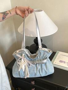 New Fashion Casual Solid Color Denim Fabric Tote Bag Star Pattern Pleated Fabric Women's Shoulder Bag - Baby Blue - View 5