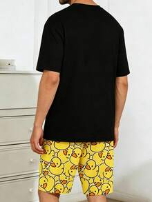 Summer Men's Thin Pajama Set, Round Neck Little Yellow Duck Print Short Sleeve & Long Pants 2 Pieces Casual Comfortable Loungewear Set - Black - View 3