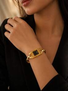 1pc Women's Gold Bangle Quartz Watch, Rectangular Hollow Bangle Wristwatch, Black Dial Blue Hands, Jewelry Style Formal Watch, Gift For Women And Girls - Gold - View 7