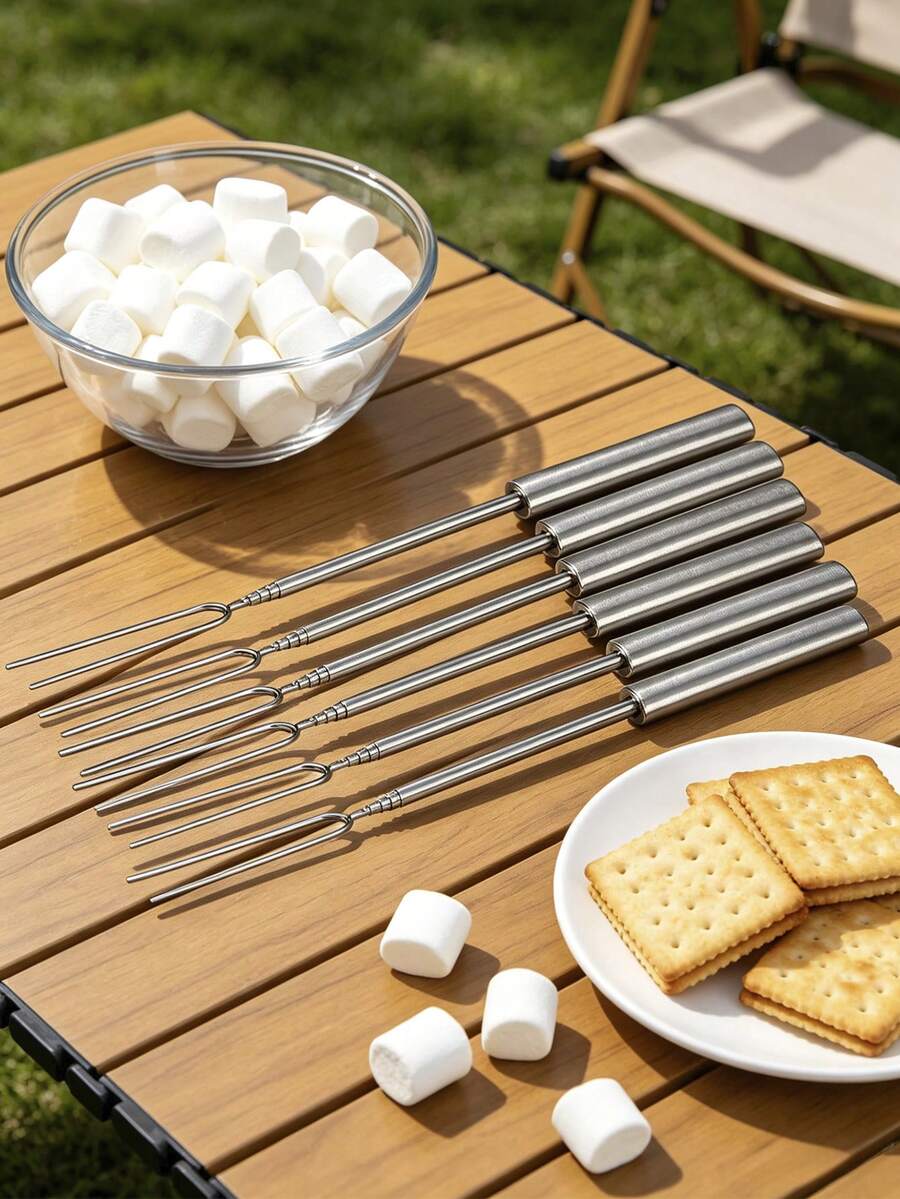 1pc/6pcs Stainless Steel Extendable BBQ Forks, 32.3cm Heat-Resistant Long Handle Double-Pronged Skewers, High Temperature Resistant And Easy To Clean, Suitable For Camping BBQ, Home Garden, Roasting Marshmallows, Chocolate Fondue, Home/Outdoor Universal, Multi-Functional Roasting Tool - BBQ Skewers - View 1