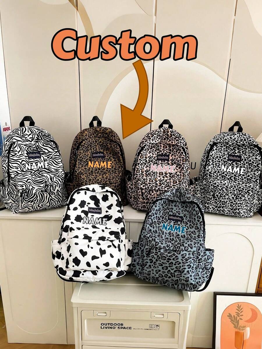 1 pièce Sac à dos personnalisé de retour à l'école, mode vintage, grande capacité, imprimé zèbre, léopard, vache, fermeture éclair, matériau nylon, bretelles réglables, poignée de transport, convient pour l'école, les déplacements, les courses, les voyages en plein air, l'utilisation quotidienne. Cadeau d'anniversaire. - Multicolore - Voir 1