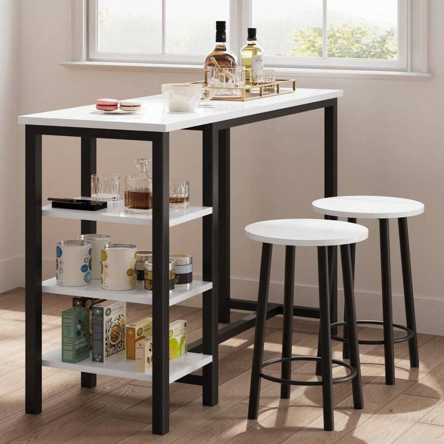 Desk Set With High Table And 2 Stools For Office Or Kitchen - 3 Storage Shelves - Modern And Compact Design - Perfect For Apartments, Offices And Bars - White - A3 - View 1