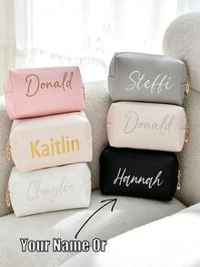 1pc Personalized Leather Jewelry Organizer Bag, Personalized Makeup Bag, Bridesmaid Invitation Gift, Travel Toiletry Bag, Customized Embroidered Name Storage Bag, Handbag, Essential For Bride-To-Be, Travel Makeup Bag - Multicolor - View 1