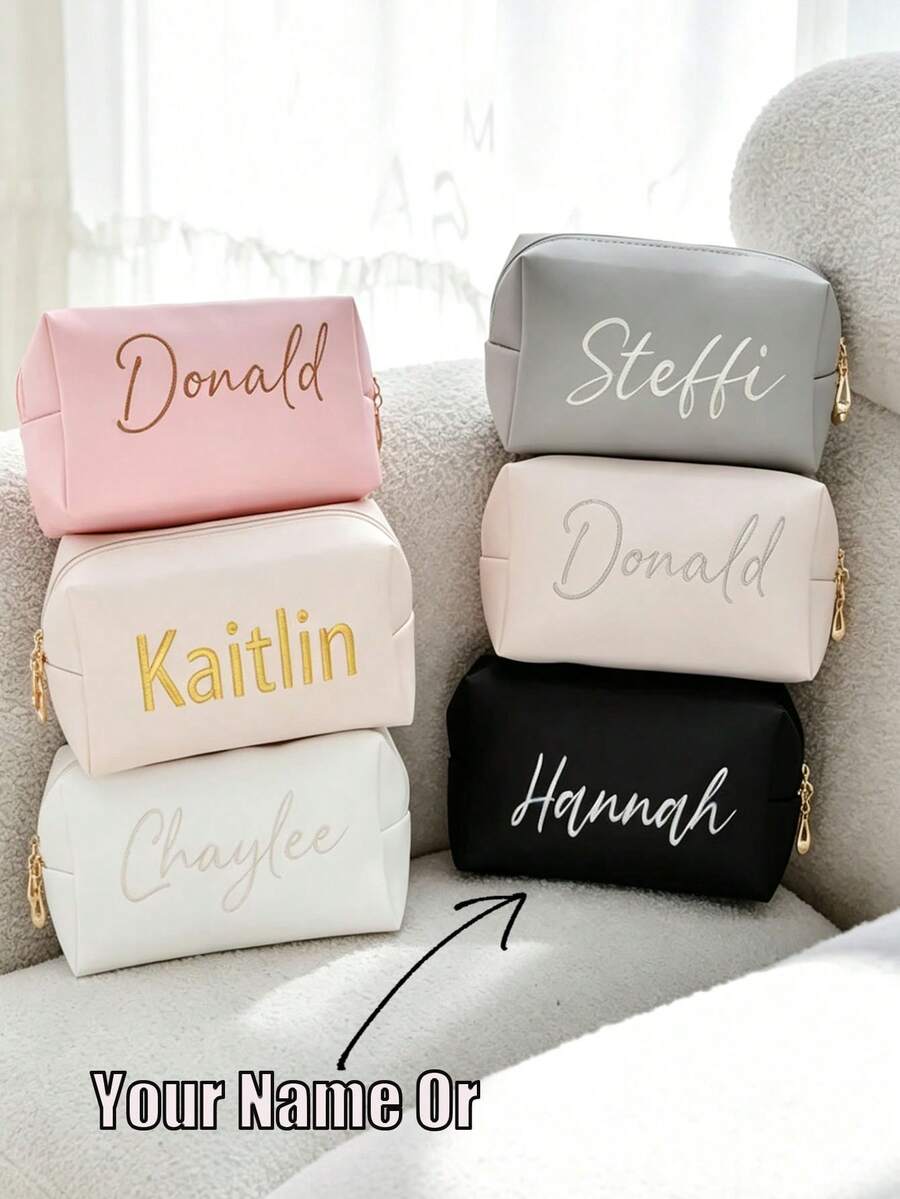 1pc Personalized Leather Jewelry Organizer Bag, Personalized Makeup Bag, Bridesmaid Invitation Gift, Travel Toiletry Bag, Customized Embroidered Name Storage Bag, Handbag, Essential For Bride-To-Be, Travel Makeup Bag - Multicolor - View 1