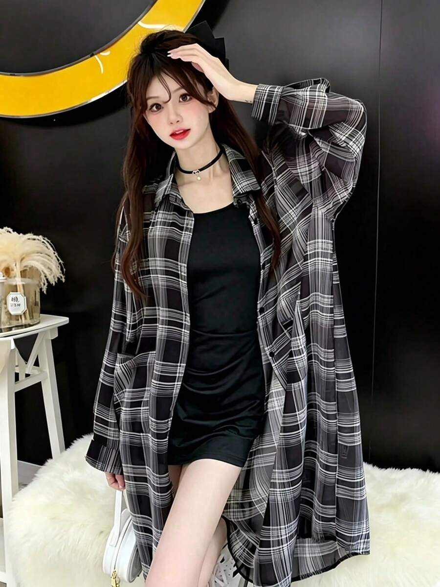 Áo sơ mi dài tay kẻ caro dáng lửng, nhẹ, rộng rãi, chống nắng, thích hợp cho nữ, mùa hè, màu đen. - màu đen - Xem 1