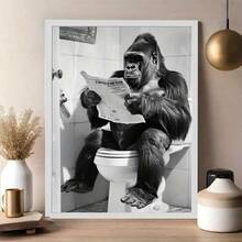 2D Flat 2D Art 1pc Unframed Gorilla Sitting On Toilet Reading Newspaper Vintage Style Canvas Print - 30.48X40.64cm Unframed Bathroom Wall Art, Home And Office Humorous Animal Decor, Mother's Day Gift, Apartment Decoration - C - View 5