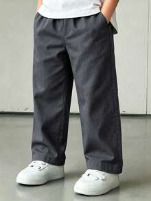 1件男童休閒口袋直筒長褲，4-7歲，春夏秋冬四季適用，返校穿搭 - 深灰色 - 查看 3