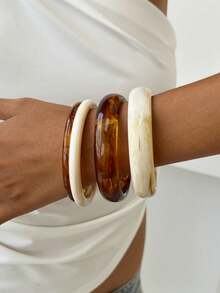 1pc Tortoiseshell & Cream Resin Bangle Set, Vintage Amber & White Stackable Bracelets, Minimalist Retro Acrylic Women's Bangles - Resin Bracelet - View 2