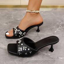 Sandalias de tacón alto para mujer, sandalias de tacón de aguja con strass de colores, zapatos para fiestas & citas nocturnas al aire libre - Negro - Ver 4
